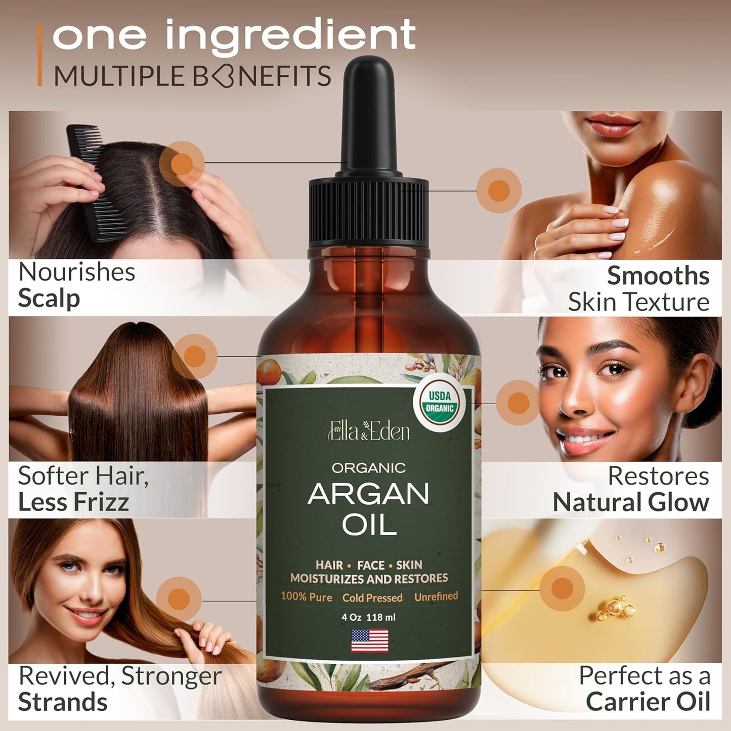 Ella & Eden Organic Moroccan Argan Oil – 100% Pure Cold-Pressed USDA Certified Unrefined – for Hair, Face & Skin – 4 oz Glass Bottle