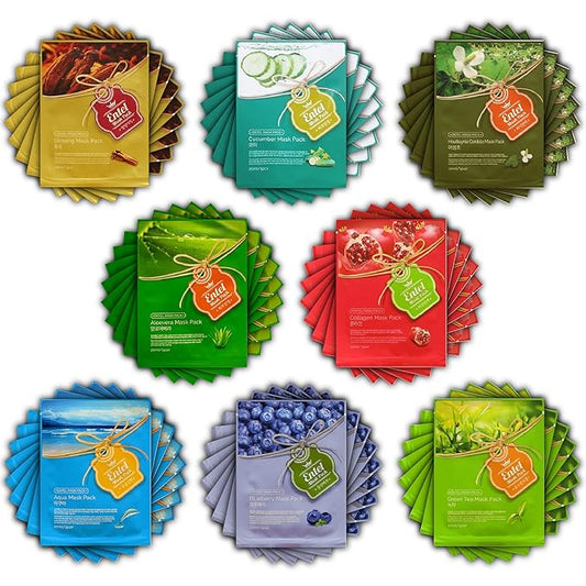 (Entel) 72 pcs VEGGIE Combo-Pack, Premium Korean Facial Mask Sheet (9 Types x 8 pcs), Five Chemical Free : No Paraben, No Silicon, No Mineral Oil, No Artificial Colors,No Ethanol