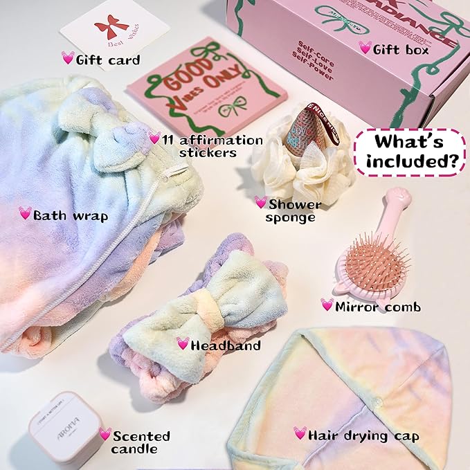 Gifts for Teen Girls & Women | Self-Care Girl Spa Kit with Body & Hair Wrap, Headband, Candle and More | Teenage Girl Birthday Gift Basket for Tweens | First Period, Self-Love, Graduation Essentials