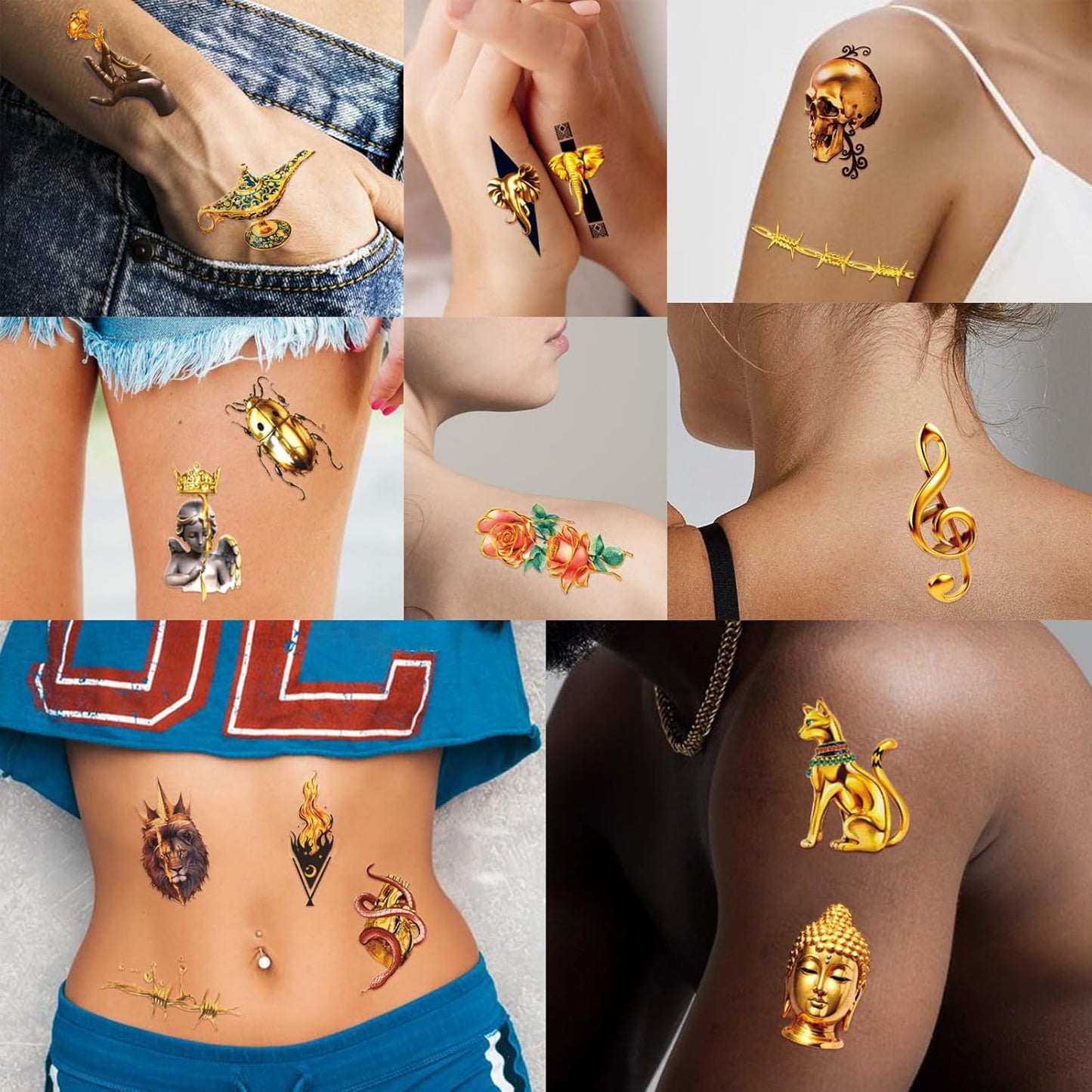 77 Sheets Temporary Tattoo, Lion Wolf Snake Skull Elephant Fake Tattoos for Adults Neck Shoulder, Bee Angel Crown Scepter Realistic Temporary Tattoos for Men Women Girls