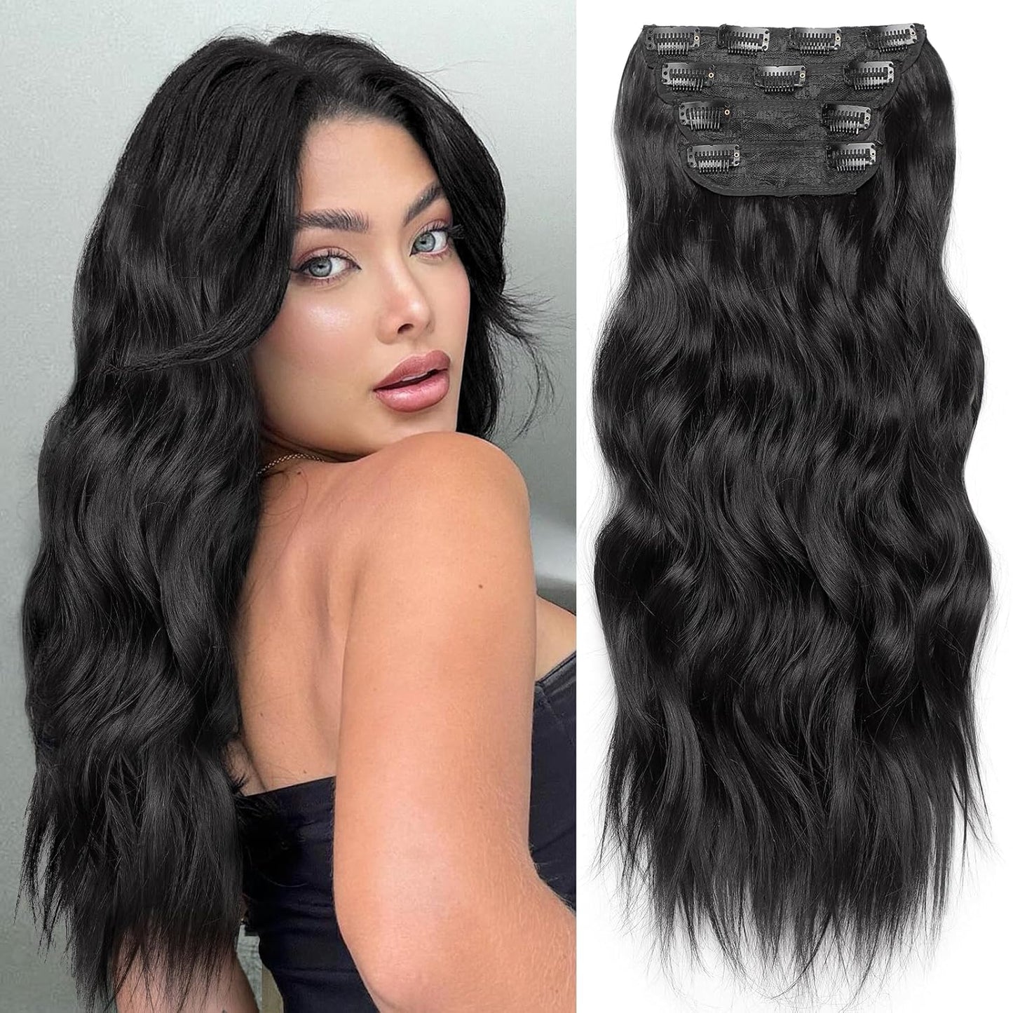 KooKaStyle Clip in Synthetic Hair Extensions Long Wavy 4PCS Thick Hairpieces Black Fiber Double Weft Natural Hair Extensions 16 Inch for Women