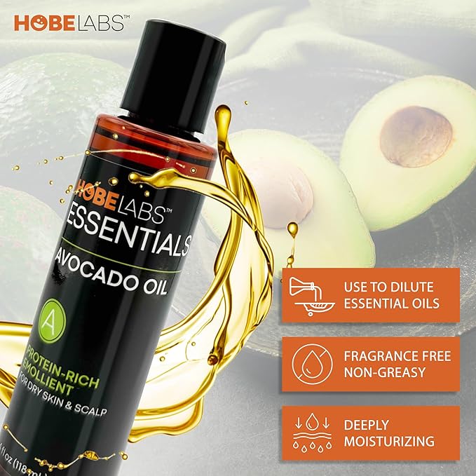 Hobe Labs Avocado Oil, 4 oz - Nourishes and Moisturizes Skin, Anti-Oxidants Relieve Inflammation, Protein Rich Emollient, Fights Early Signs of Aging