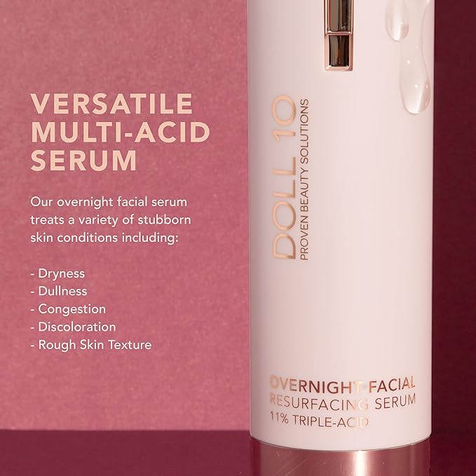 Doll 10 - Smooth Assist Overnight Facial 11% Triple-Acid Resurfacing Serum - Proven Overnight Transformation - Improves Skin Tone, Pores, Wrinkles & More - Vegan, Cruelty Free & No Parabens (1 oz)