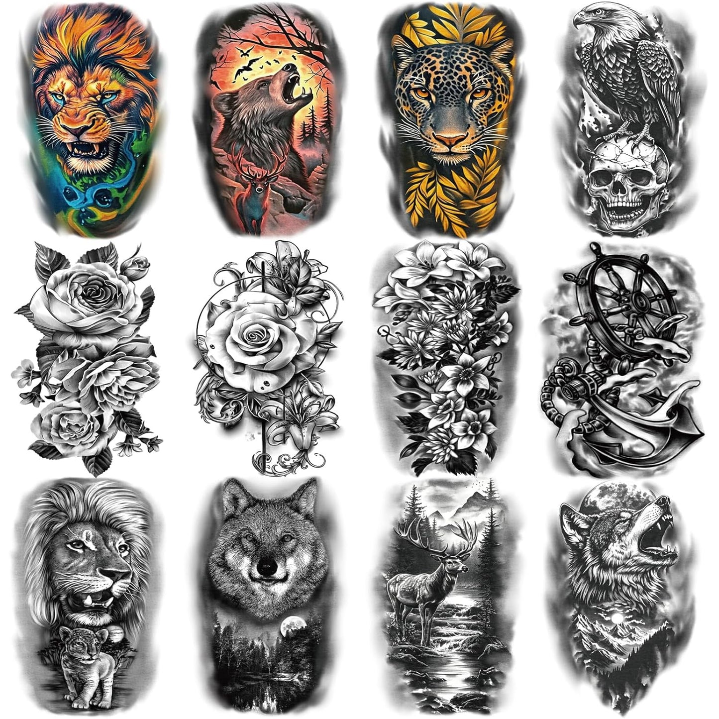 Large Temporary Tattoo Men and Women, 36 Sheets Half Arm and Small Tattoos for Adults, Animal Fake Tattoo Designs with Lions and Tigers