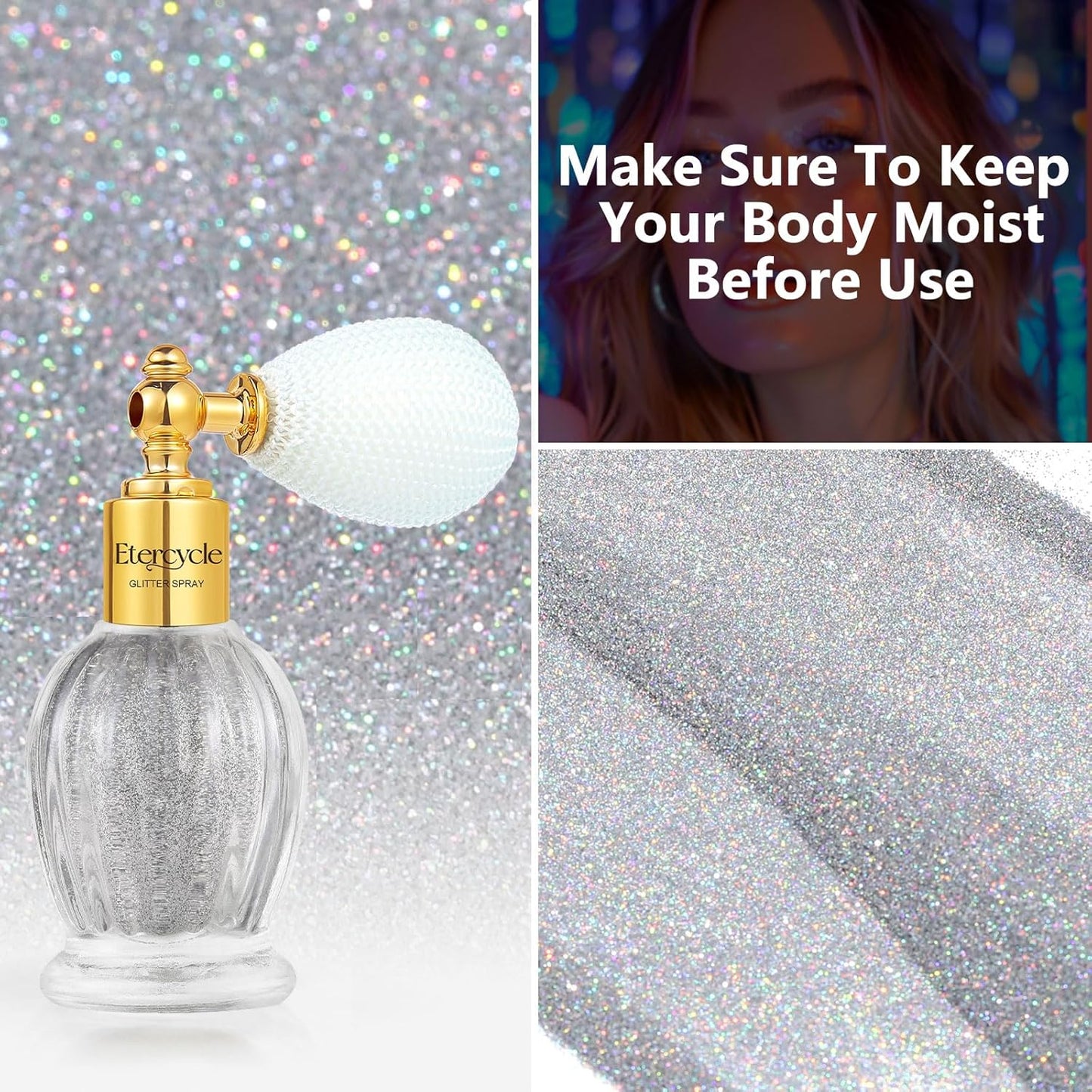Etercycle Body Glitter Spray, Silver Hair Glitter Shimmer Sparkle Powder, Extra Fine Face Body Shimmer Cosmetic Glitter Makeup for Rave Clothes Nail Art Easter Halloween Crafts