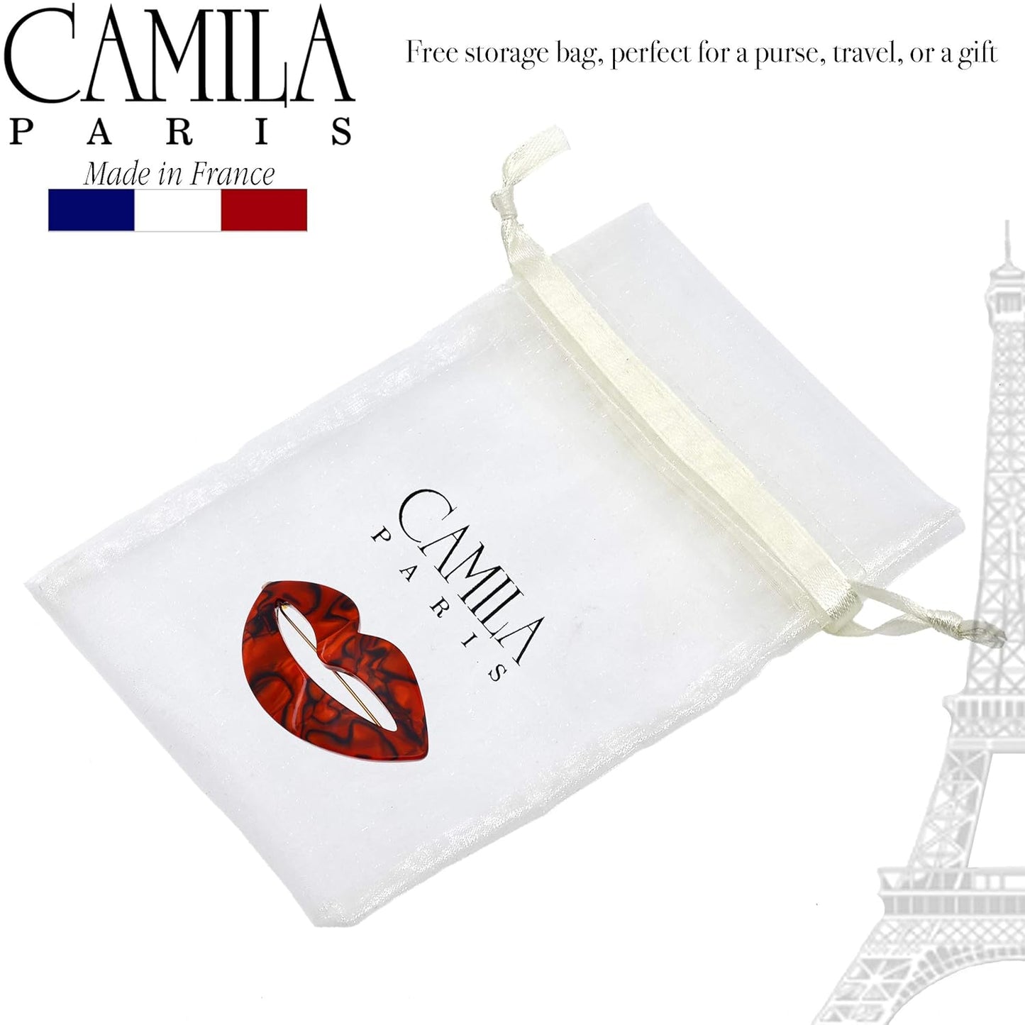 Camila Paris CP2972 French Hair Barrette Clip for Girls, Small Handmade Kiss Red, Strong Hold Grip Hair Clips for Women, No Slip and Durable Styling Girls Hair Accessories, Made in France