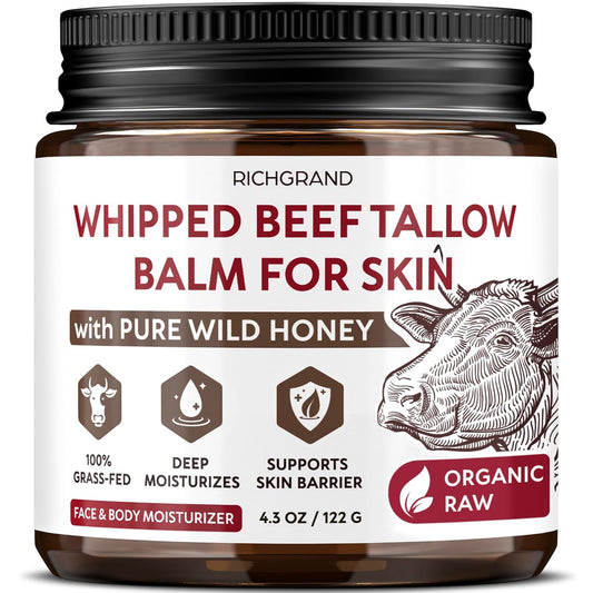 Beef Tallow for Skin – Whipped Tallow and Honey Balm with Grass-Fed Beef Tallow – Organic Daily Tallow Face Moisturizer & Body Balm – Deep Nourishment for Dry, Cracked, Sensitive Skin - 4.3 OZ