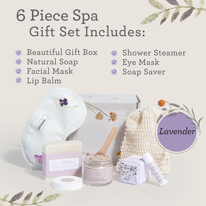 Lizush Luxury Spa Gifts for Women - 6 Piece Lavender Gifts for Her, Gift Baskets for Women, Body Care Set for Mom, Birthday Box, Self Care Spa Kit For Wife - Handmade in the USA