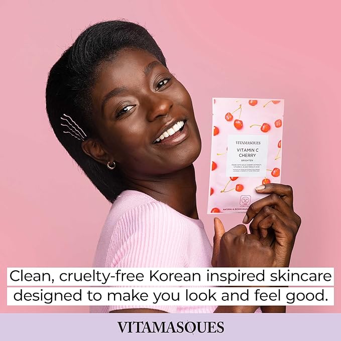 Vitamasques Vitamin C Cherry Face Sheet Mask 7 Pack - Brightens, Protects & Boosts Hydration with Antioxidants, Vitamin C and Ferulic Acid - Natural - Vegan - Korean Skin Care