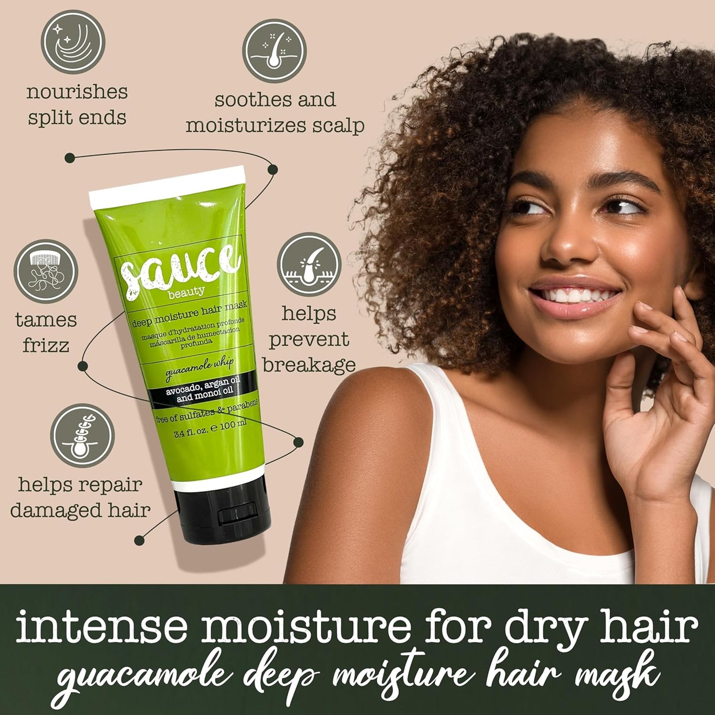 SAUCE BEAUTY Deep Conditioning Hair Mask (3.4 Fl Oz) Guacamole Whip Hair Mask for Damaged Hair & Frizz Control with Avocado, Honey, Monoi & Argan Oil, All Hair Types