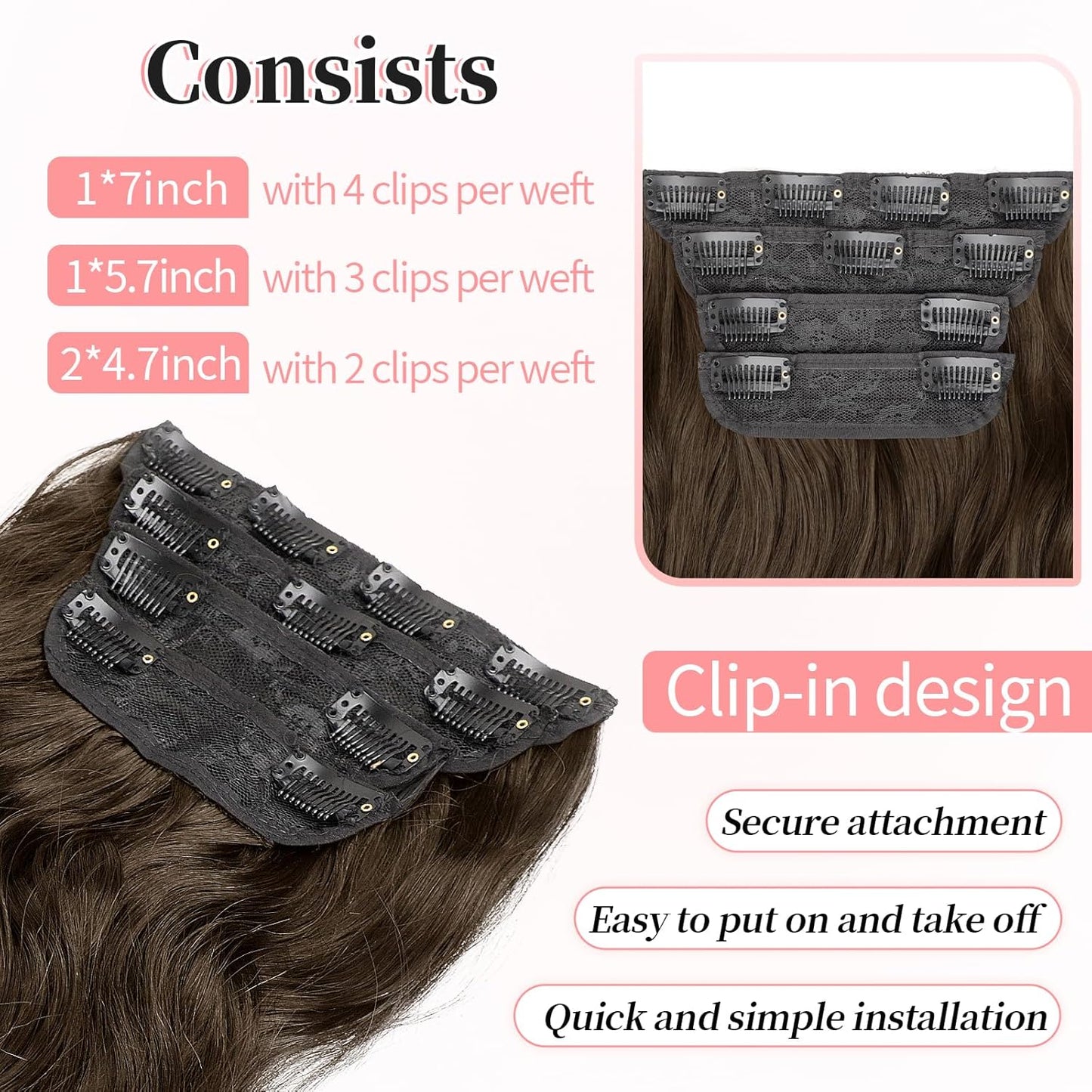 KooKaStyle Clip in Synthetic Hair Extensions Long Wavy 4PCS Thick Hairpieces Chestnut Brown Fiber Double Weft Natural Hair Extensions 20 Inch for Women