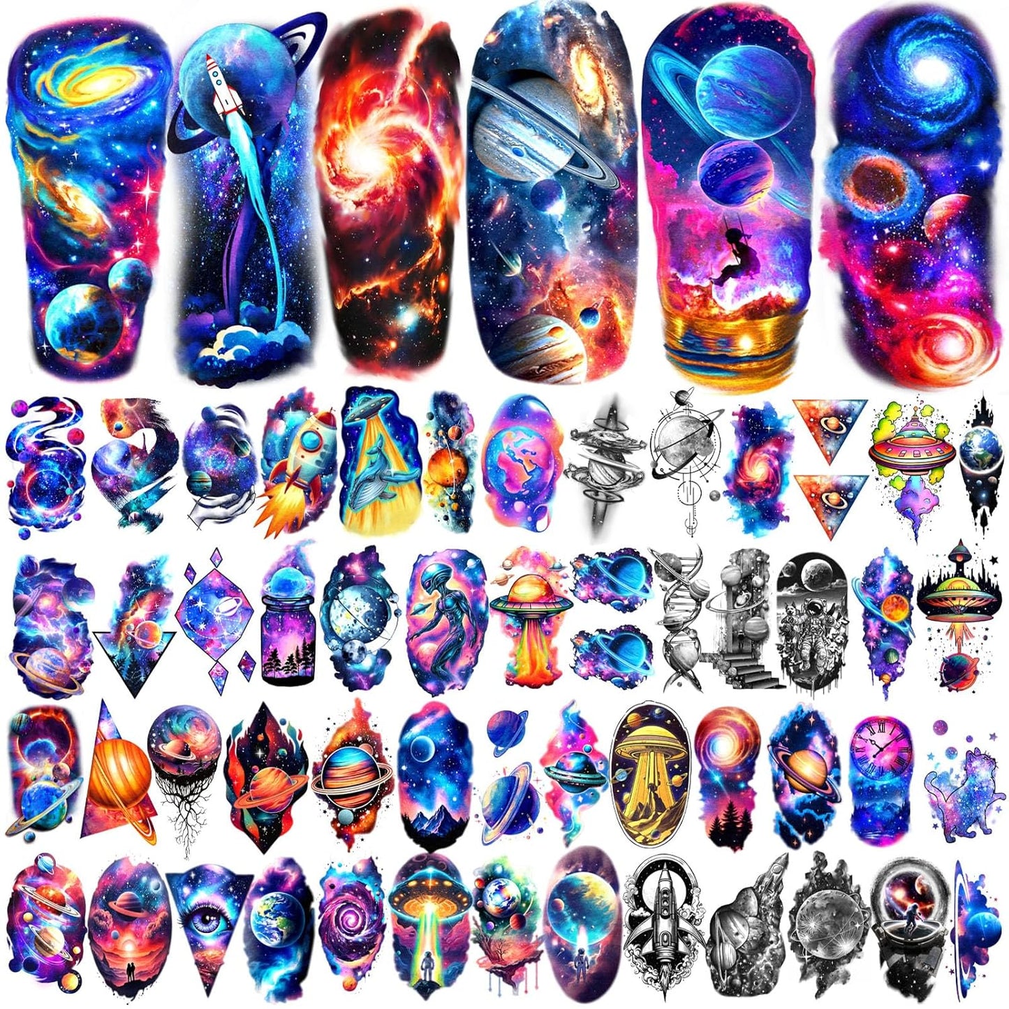 77 Sheets Temporary Tattoo, 17 Sheets Space Planet Astronaut Rockets Half Sleeve Fake Tattoos for Adults Men Women, 60 Sheets Small Tattoos Stickers Waterproof Lasting for Boys Girls Party Supplies