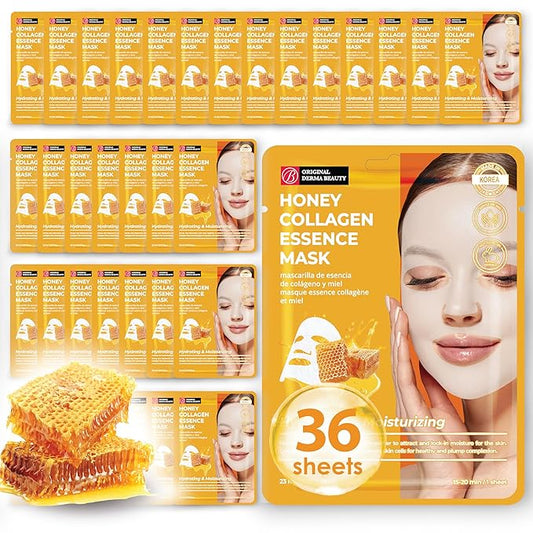 Original Derma Beauty Collagen Face Masks 36 PK Vegan Ultra Moisturizing Face Masks Skincare Sheet Masks Set for Beauty & Personal Care Korean Face Mask (Honey)