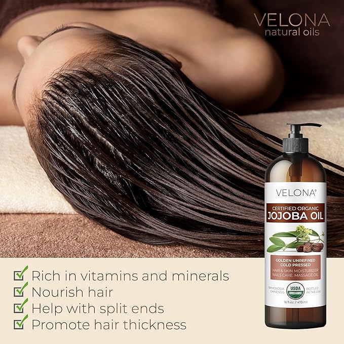 velona Jojoba Oil USDA Certified Organic - 16 fl oz (With Pump) | 100% Pure and Natural | Golden, Unrefined, Cold Pressed, Hexane Free | Moisturizing Face, Hair, Body, Skin Care