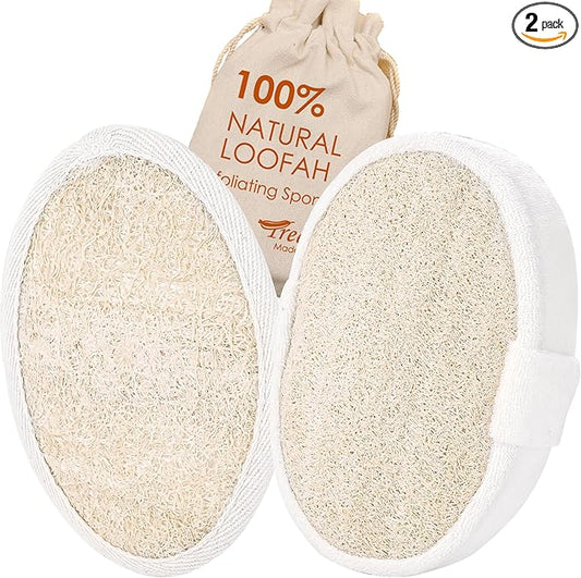 Natural Loofah Sponge Exfoliating Body Scrubber, Organic Biodegradable Bath Shower Scrub for All Skin Types, Men Women (2 Pack)
