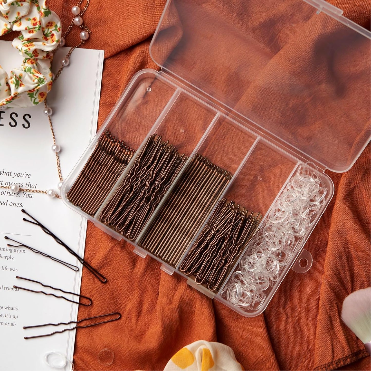 400 PCS Bobby Pins Hair Pins Kit - 100 Brown, 100 U Shape, 200 Hair Bands for Women Girls, Non-Slip Metal Pins, Strong Hold Hair Accessories for Daily Styling and Updos