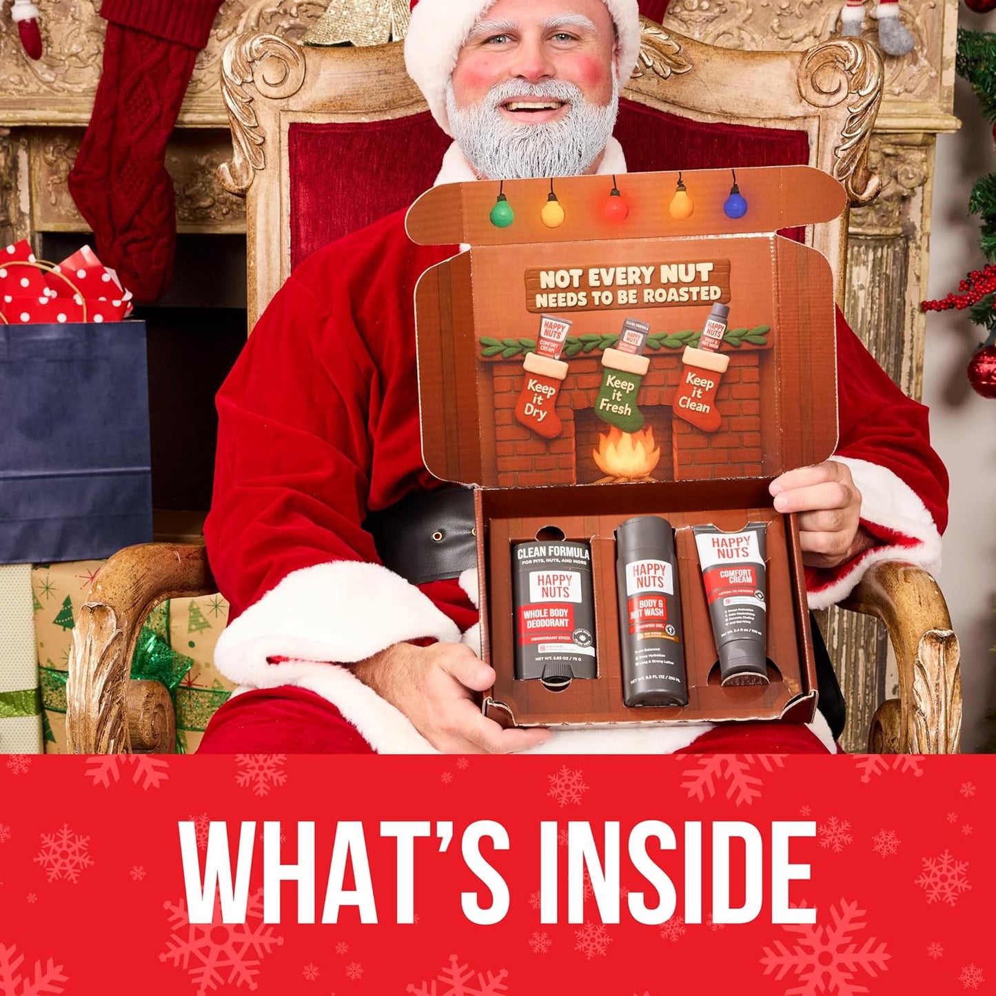 HAPPY NUTS Jingle Balls Holiday Kit - Gift Box for Men with Comfort Cream, Hydrating Body Wash & Whole Body Deodorant - Hilarious Stocking Stuffer or White Elephant Mens Gift Basket Idea for Him