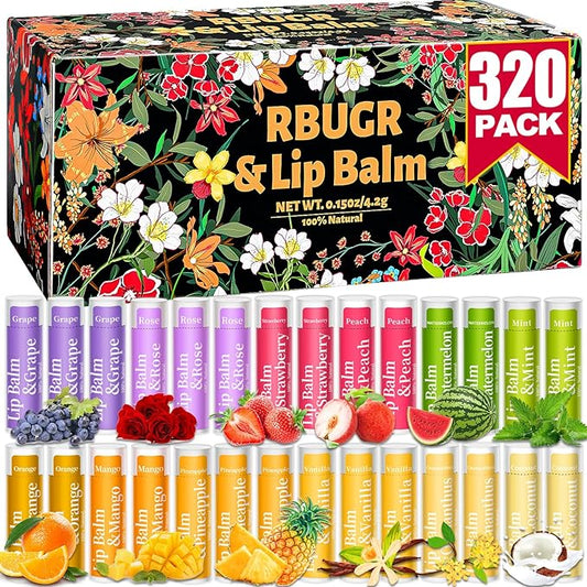 320 Pcs Lip Balm Bulk, 12 Flavored Pack of Lip Balms Natural Lip Balms Pack, Moisturising Organic Lip Balm Set for Cracked Lips, Bulk Gifts Stocking Stuffers Party Favors(4.2g/0.15oz)