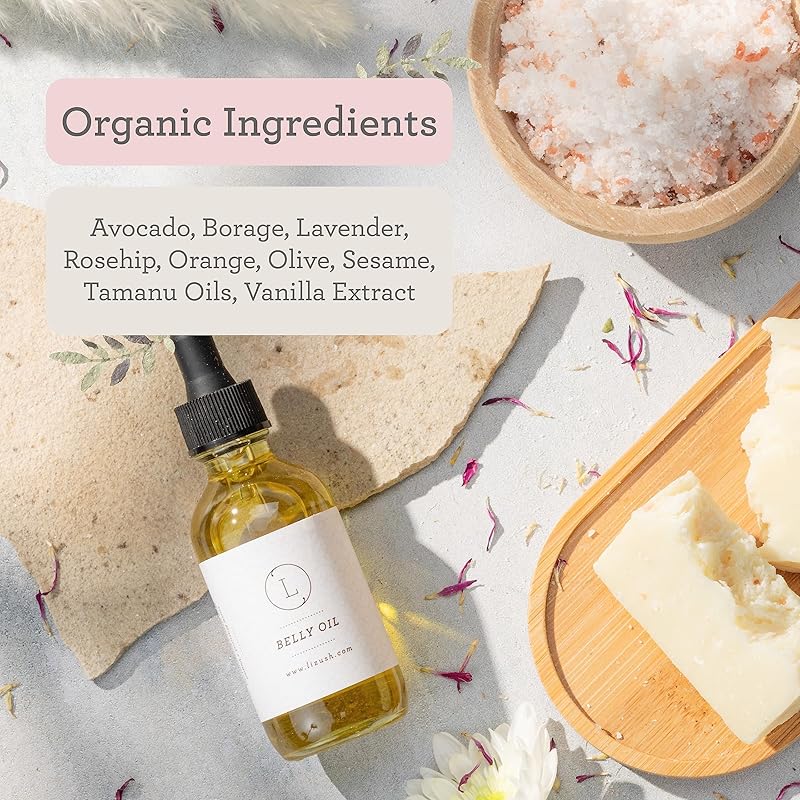 Lizush Belly Oil - 2 oz. Stretch Mark Treatment and Body Oil - Pregnancy Essentials to Protect and Moisturize Skin Made with 85% Organic Ingredients - Handmade in the USA