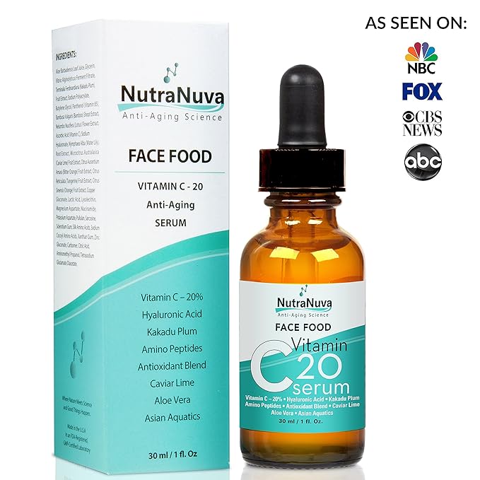 Face Food Anti Aging Natural 20% Vitamin C Serum Complex VEGAN Formula, Kakadu Plum, Hyaluronic Acid, Peptides, Aquatic Plants, Aloe and more for Wrinkles, Age Spots, Collagen,1 fl. Oz