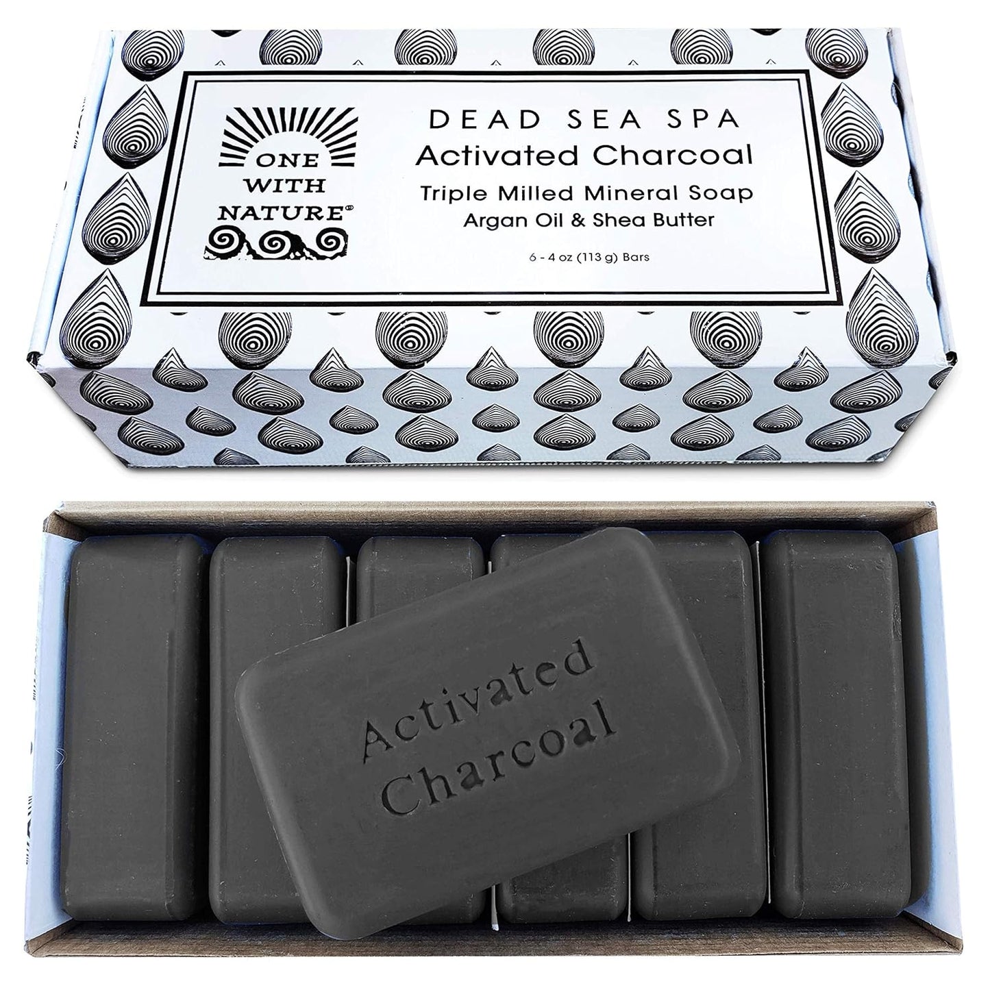One With Nature Activated Charcoal Soap 4oz 6-Pack Gift Box – Detoxifying and Exfoliating Charcoal Soap Bar with Dead Sea Salt for Face & Body, for Men & Women