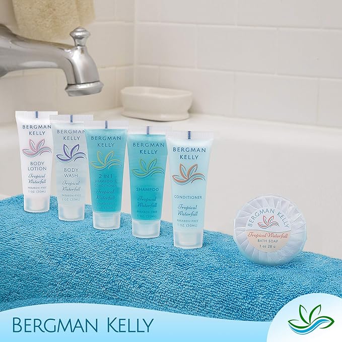 BERGMAN KELLY Rectangular Hotel Soap Bars, Shampoo & Conditioner 3-Piece Set (1 oz each, 150 pc, Tropical Waterfall), Delight Guests w/Invigorating & Refreshing Bulk Travel Size Hotel Toiletries