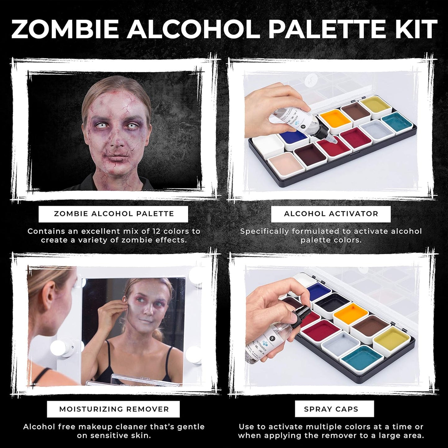 Narrative Cosmetics Zombie Alcohol-Activated Palette, Activator, and Remover Kit, Professional SFX Makeup Set