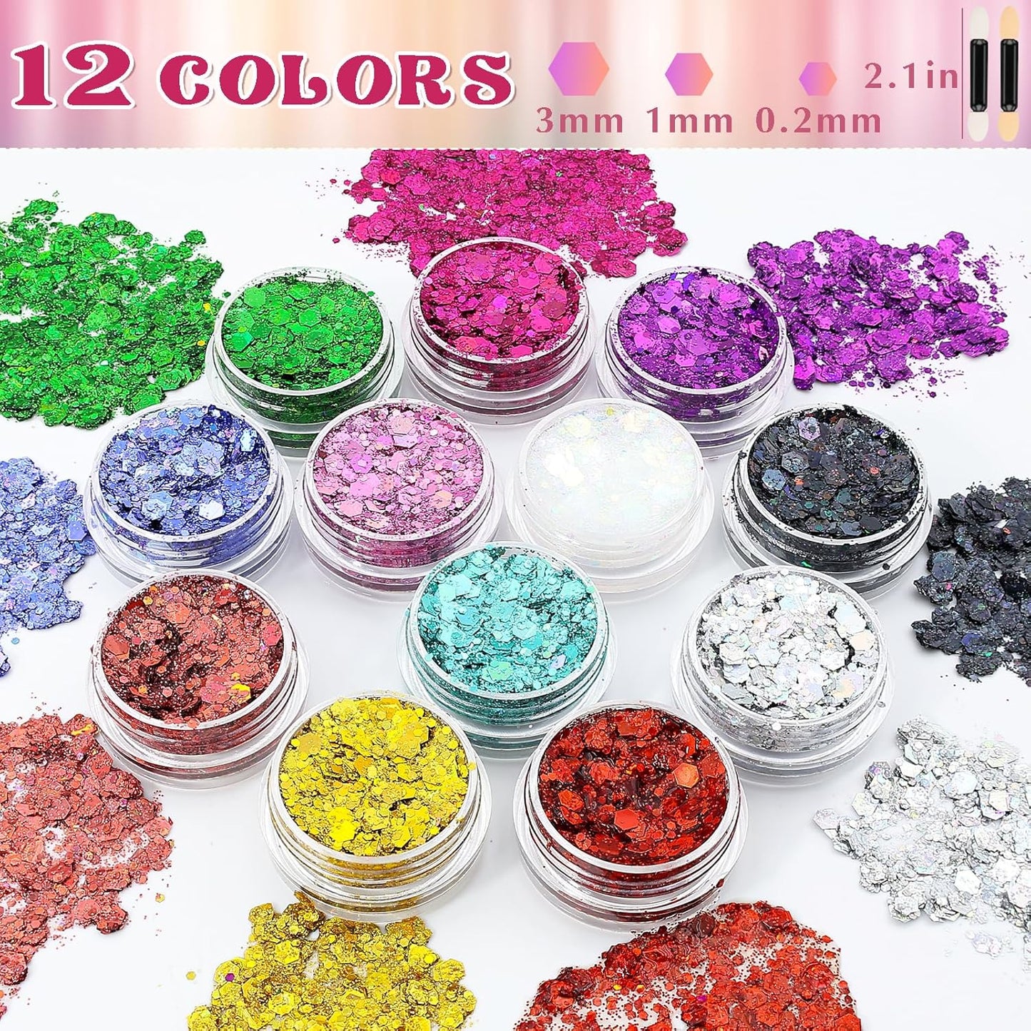 12 Colors Body Glitter Gel and Face Glitter Gel Makeup for Eyeshadow and Nails, Hair and Raves Festivals, Makeup for Women and Kids