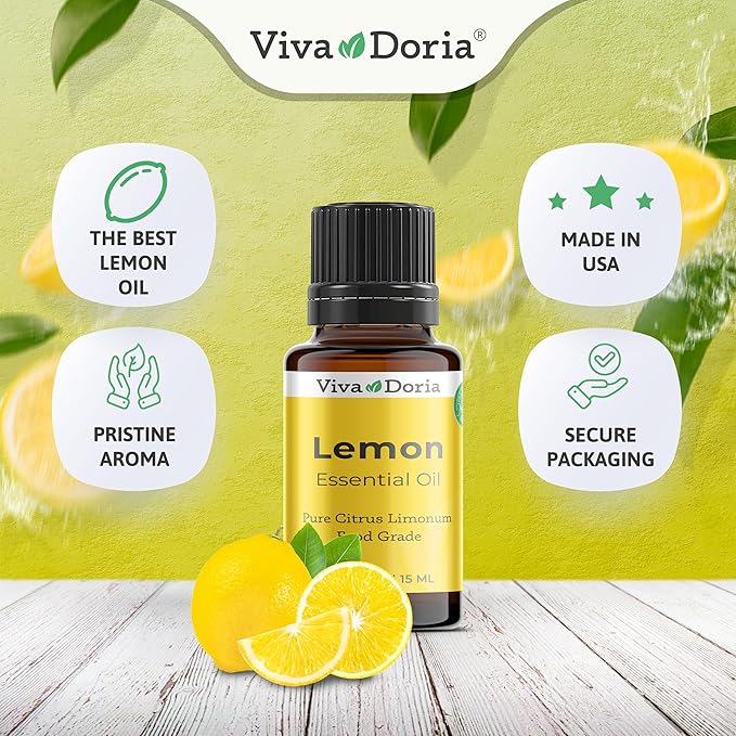 Viva Doria Lemon Essential Oil, 100% Pure, Natural Lemon Essential Oil, Undiluted, for Aromatherapy | Food Grade, 15 mL (0.5 Fluid Ounce)