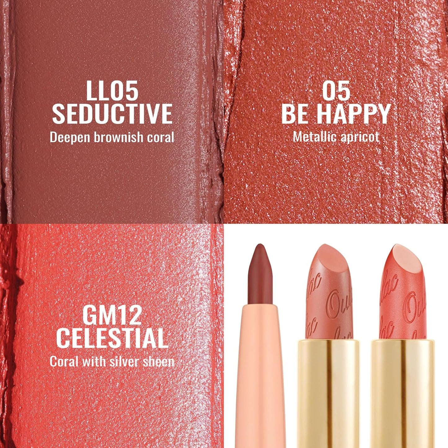 Oulac Lipstick & Lipliner Set 3PCS High Impact Lipcolor with Moisturizing Formula, Vegan Beauty, Full-Coverage Lip Color, Gift Lipstick for Women, LL05+05+GM12