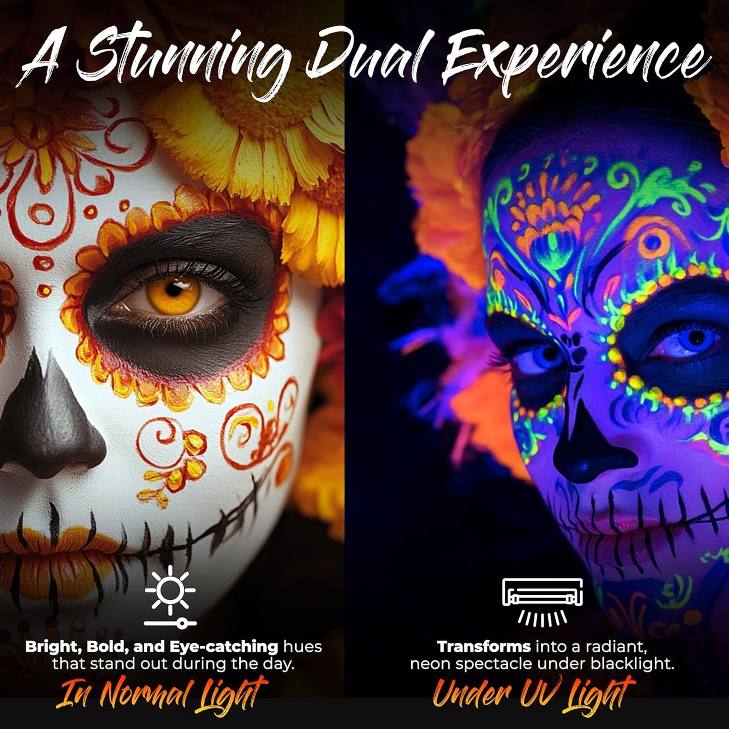 Splashes & Spills UV Face and Body Paint Sticks - UV Body Paint, UV Face Paint for Costume, Cosplay, Theater, Club - Glows Under UV Light - Black Light Paint For All Skin Types (6 Colors)