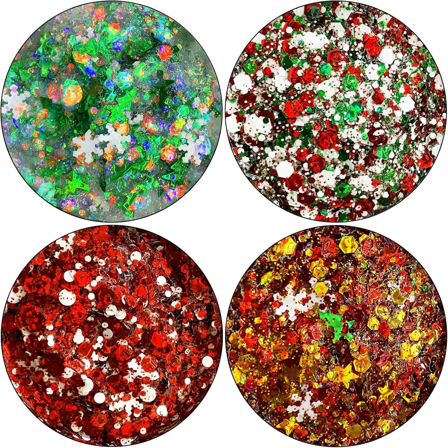 Christmas Body Glitter Gel SUPGIFT 4 Colors 8.5oz Holographic Chunky Mermaid Iridescent Laser Liquid Star Flower Leaf Sequins for Makeup Face Eyeshadow Hair with Spoon