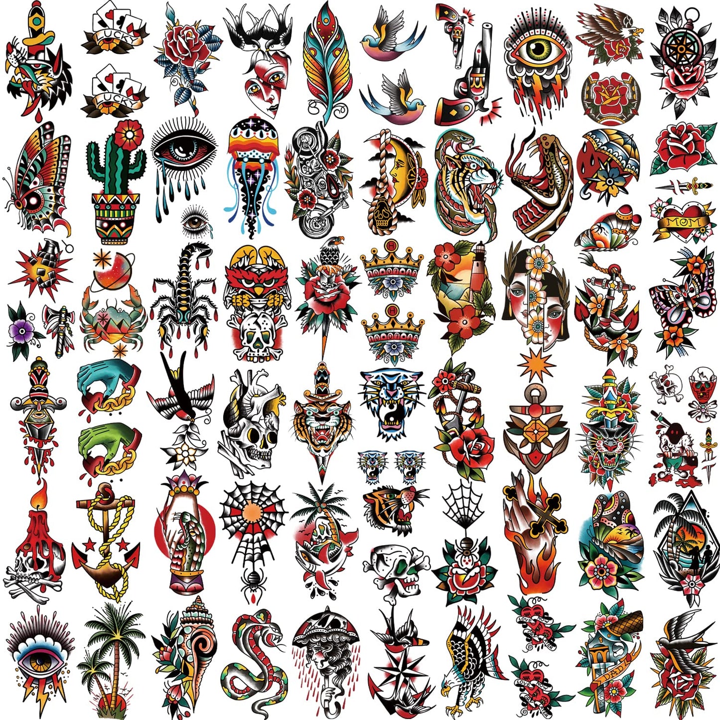 Yazhiji 77sheets Waterproof Temporary Tattoos，Old School Tattoo，Sailor Jerry Style Vintage Classical Fake Tattoo, American Traditional Flower Rose Arm Stickers for Women Men Adults Kids