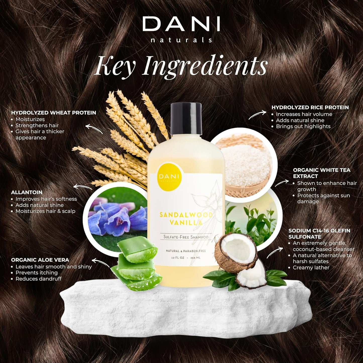 DANI Naturals Shampoo with Sandalwood Vanilla Scent promotes hair thickening, strengthens follicles, and supports hair re-growth. Sulfate-free, nourishing, and soothing