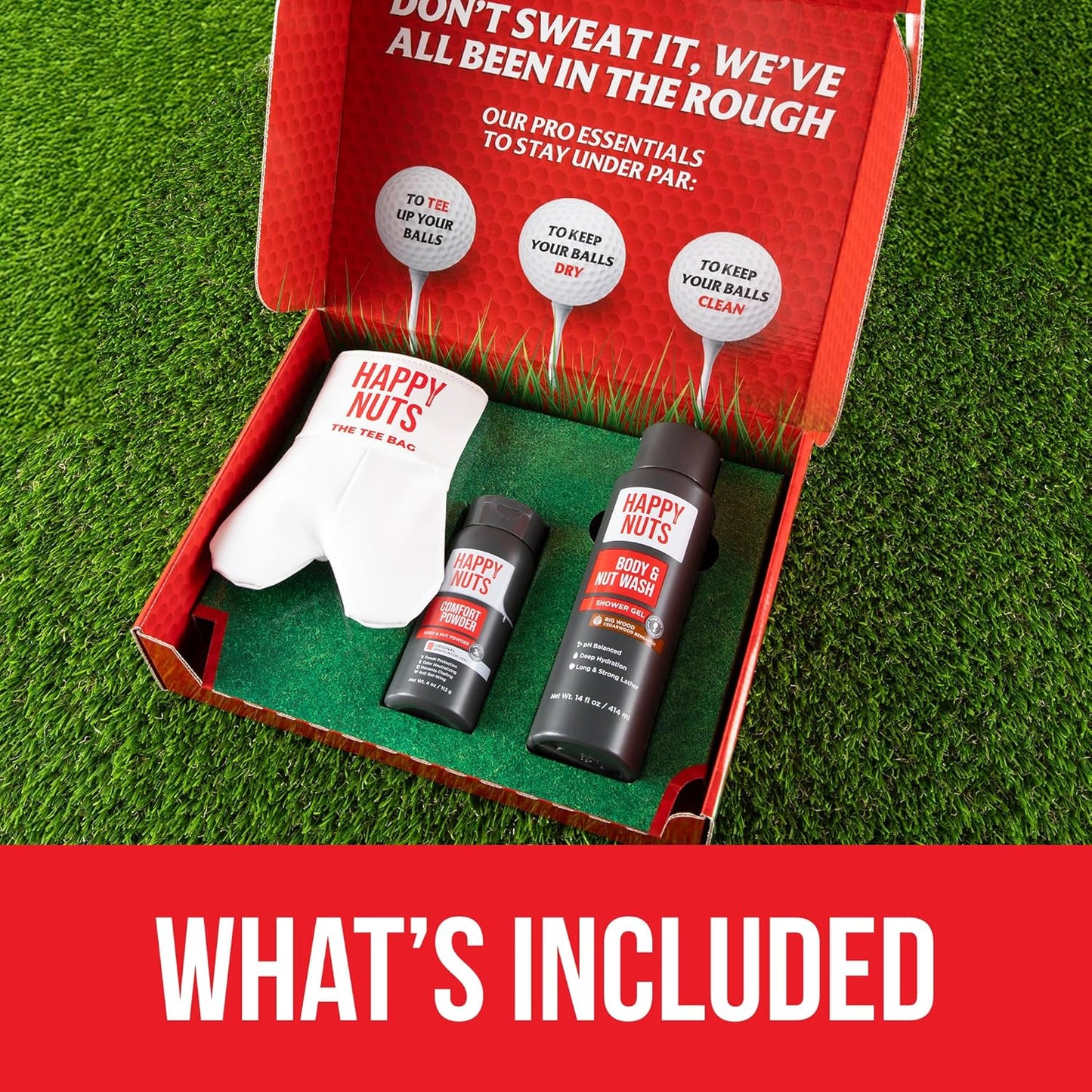 Happy Nuts Tee Bag Bundle for Men – Golf-Themed Grooming & Game Day Essentials - Perfect Men's Gift Kit for Golfers - Sandalwood Body Wash, Anti-Chafing Comfort Powder Deodorant & Golf Ball Tee Bag