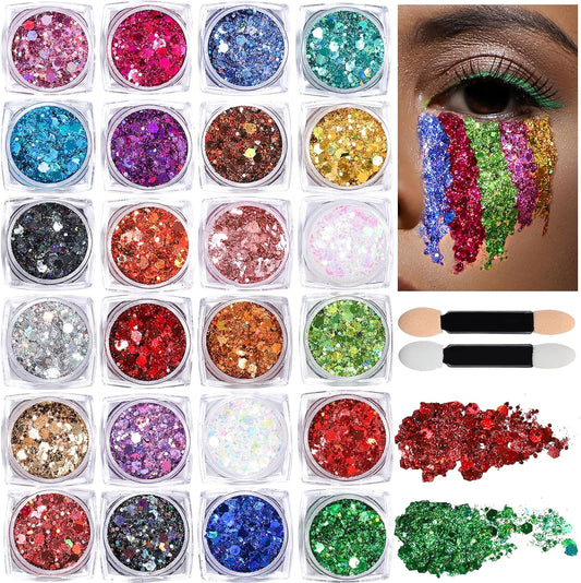 Teenitor 24 Colors Body & Hair Glitter Gel - Face, Body, Hair Glitter for Halloween Makeup Festival
