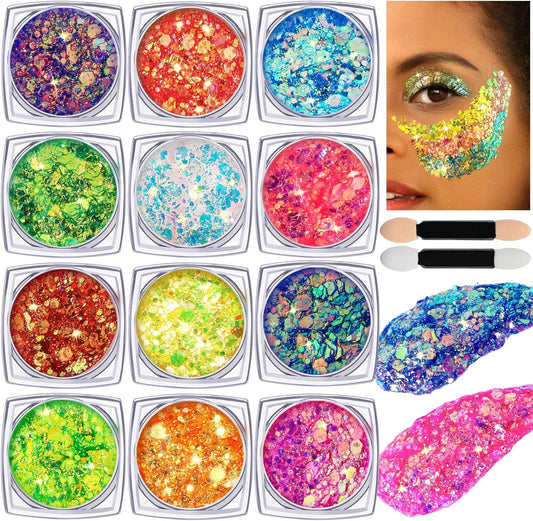 Teenitor Body Glitter Gel Face Glitter Makeup Festival Glitter, 12 Colors Face and Body Glitter Gel, Hair Glitter