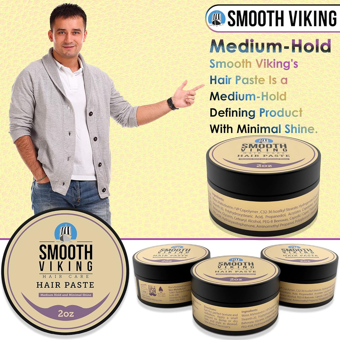 Smooth Viking Hair Paste for Men - Hair Styling Cream with Minimal Shine & Medium Hold Hair Products for Men, Hair Cream for Men, Styling Paste for Textured Messy Hairstyle - Made in USA, 2oz