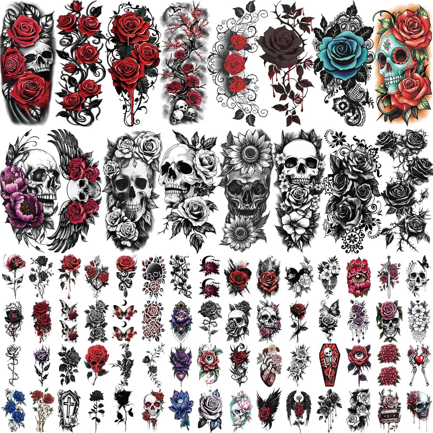 77 Sheets Flower Temporary Tattoos for Women, Weird Roses and Skulls Fake Tattoos, Waterproof Body Art Tattoo Stickers for Adults and Kids
