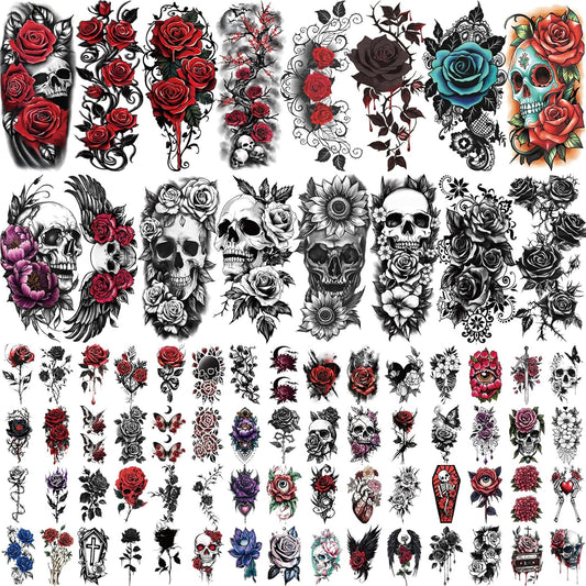 77 Sheets Flower Temporary Tattoos for Women, Weird Roses and Skulls Fake Tattoos, Waterproof Body Art Tattoo Stickers for Adults and Kids