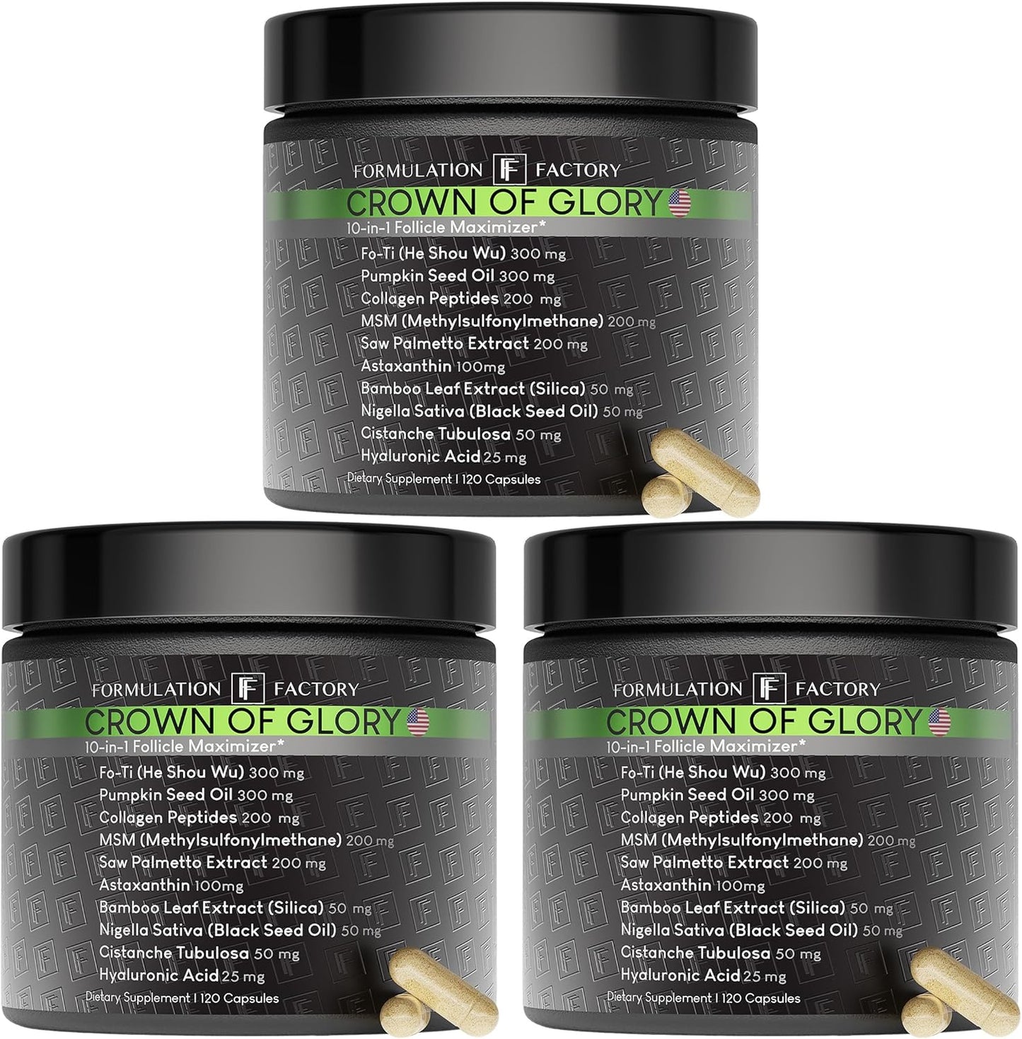 Formulation Factory Crown of Glory 10-in-1 Hair Growth Supplement with Fo-Ti, Saw Palmetto, Pumpkin Seed Oil, Collagen & More, Supports Hair, Nails & Skin (6 Month Supply, 360 Capsules)