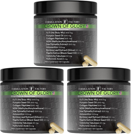 Formulation Factory Crown of Glory 10-in-1 Hair Growth Supplement with Fo-Ti, Saw Palmetto, Pumpkin Seed Oil, Collagen & More, Supports Hair, Nails & Skin (6 Month Supply, 360 Capsules)