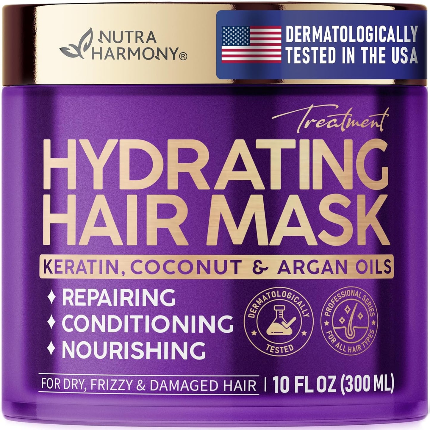 NUTRAHARMONY Hydrating Hair Mask for Dry, Frizzy & Damaged Hair – Deep Conditioning Keratin Treatment with Argan & Coconut Oils, Collagen & Biotin – Repairing, Anti-Frizz Hair Mask for Women, 10oz