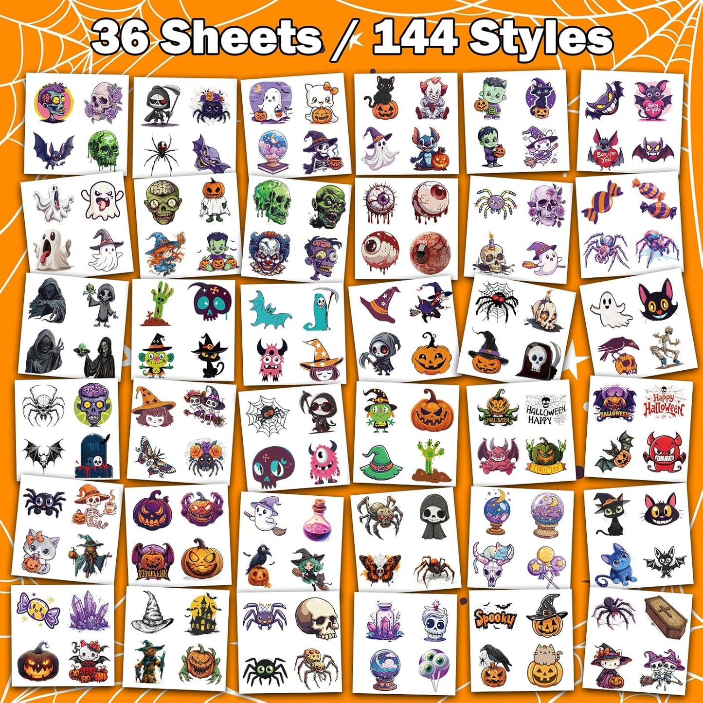 Halloween Tattoos for Kids Halloween Party Favors, 144 Styles Halloween Temporary Tattoos for Boys and Girls, 2" Non-Toxic Halloween Tattoos Stickers for Halloween Party Bags Gift Stuffers