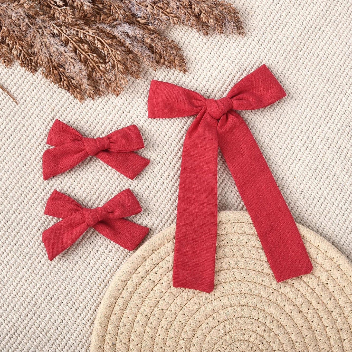 DEEKA Cotton Linen Hair Accessories Set: Red Hair Bows & Ponytail Knot Bows in 2 Sizes, Alligator Clips for Toddlers & Little School Girls