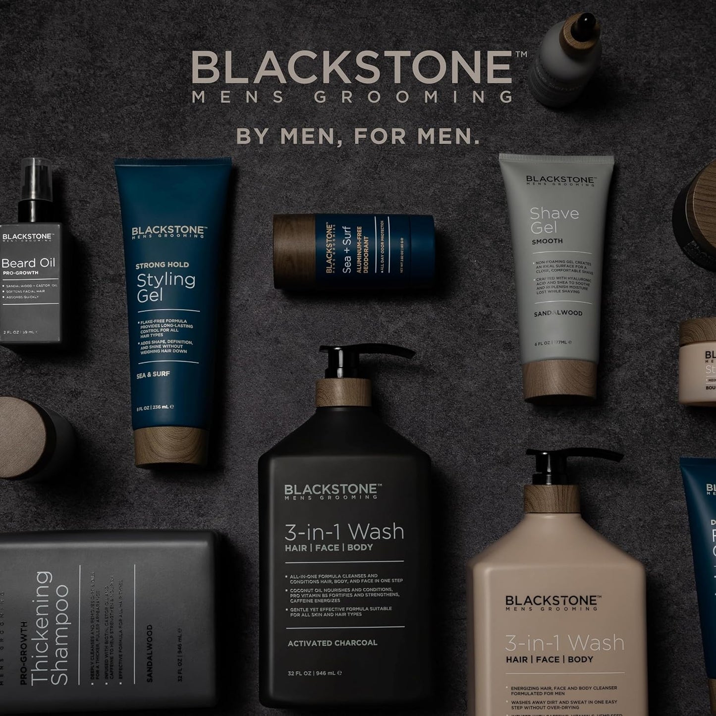 Blackstone Men's Grooming 3-in-1 Wash for Men | Cleanses & Conditions Hair, Body, & Face | For All Skin & Hair Types | With Coconut Oil, Vitamin B5 and Caffeine - Sea & Surf (32 Fl Oz)