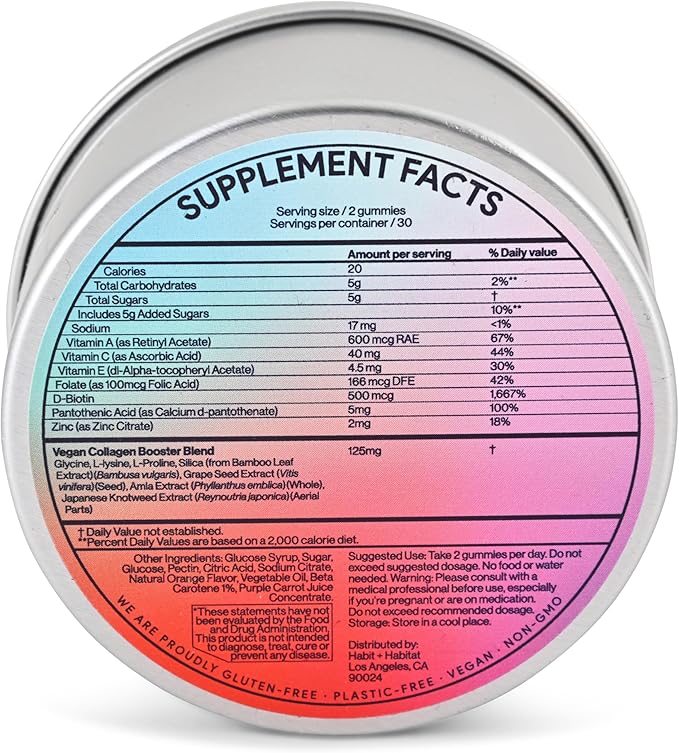 Vegan Beauty Support Gummies Collagen Booster with Biotin, Vitamin C, A, E, Folic Acid, and More - 60 Gummies - Plastic-Free Tin - Made with Natural Ingredients