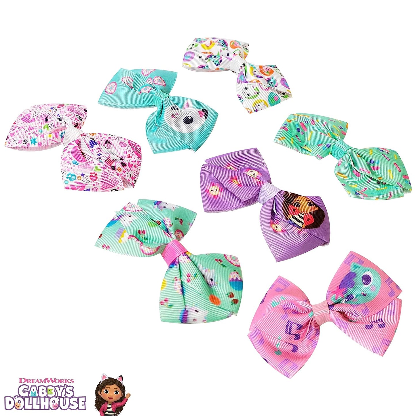Gabby's Dollhouse Hair Bows - Hair Accessories Gift Set - 7 Pcs 4 Inch Bundle for Girls Different Character on each Hair Clip Kids Bow - Alligator Clip - Ages 3 +