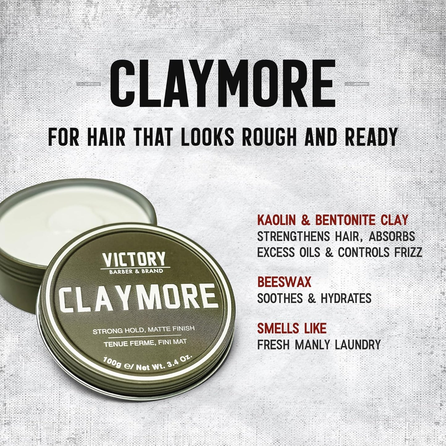 Victory Barber & Brand Claymore hair pomade for men | Strong Hold Matte Finish Men's Clay Pomade | made in usa | Designed by barbers, made for the rugged | Texturizing & Styling Clay 3.1 Oz