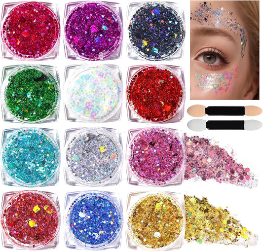 Teenitor Body Glitter Face Glitter Makeup Festival Glitter, 12 Colors Face and Body Glitter Gel, Hair Glitter Gel, Body Makeup